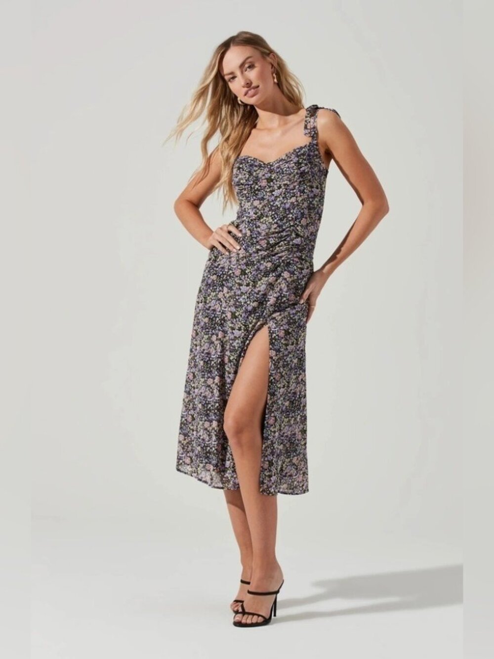 ASTR Milkmaid Tie Strap Midi Dress in Black Purple Floral Size Small NWT